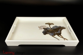 White rectangular lacquer tray with hand-painted lotus 28*45cm